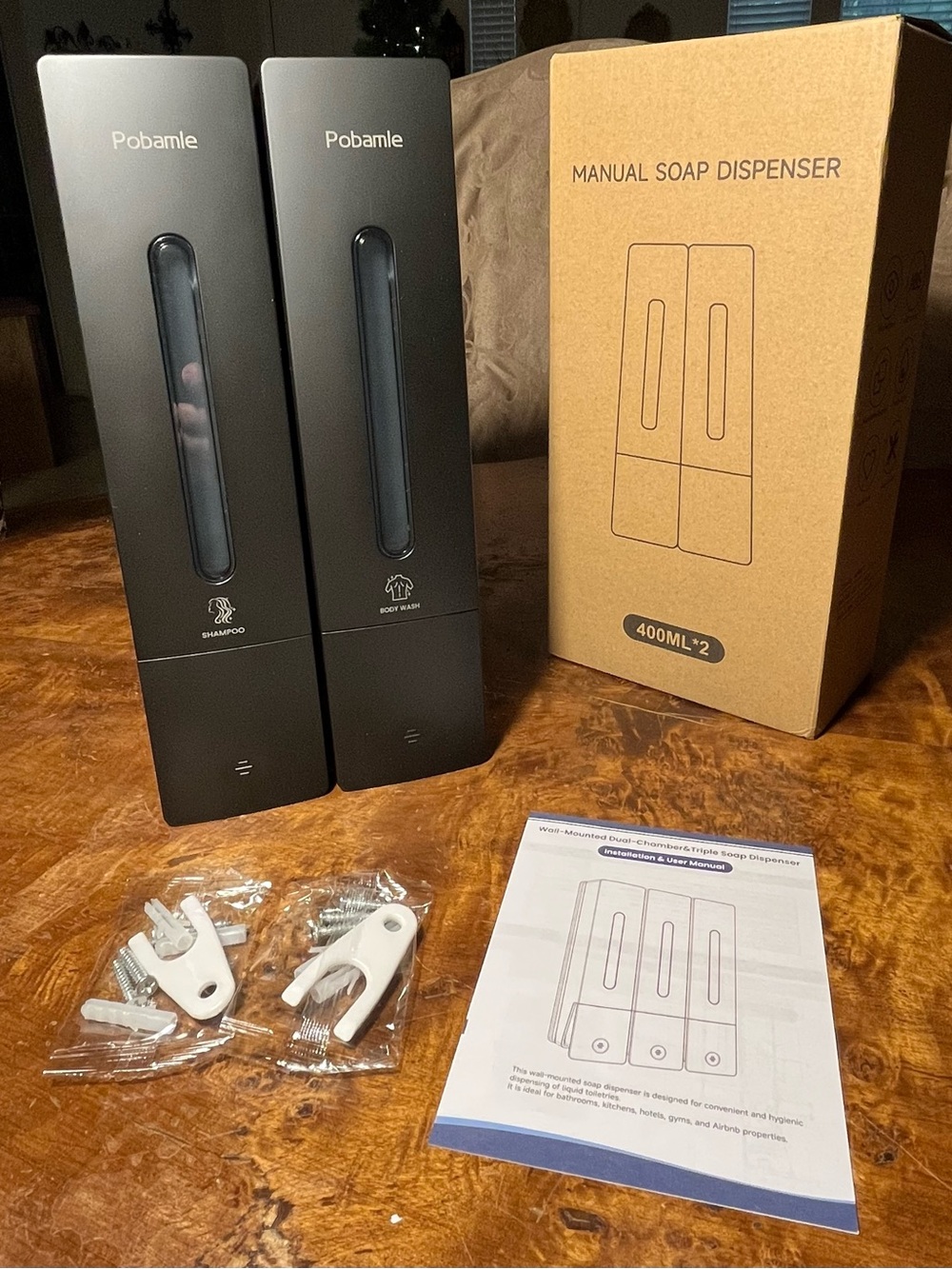 Black Manual Dual Soap & Shampoo Dispenser (400mL x2) New Pobamie